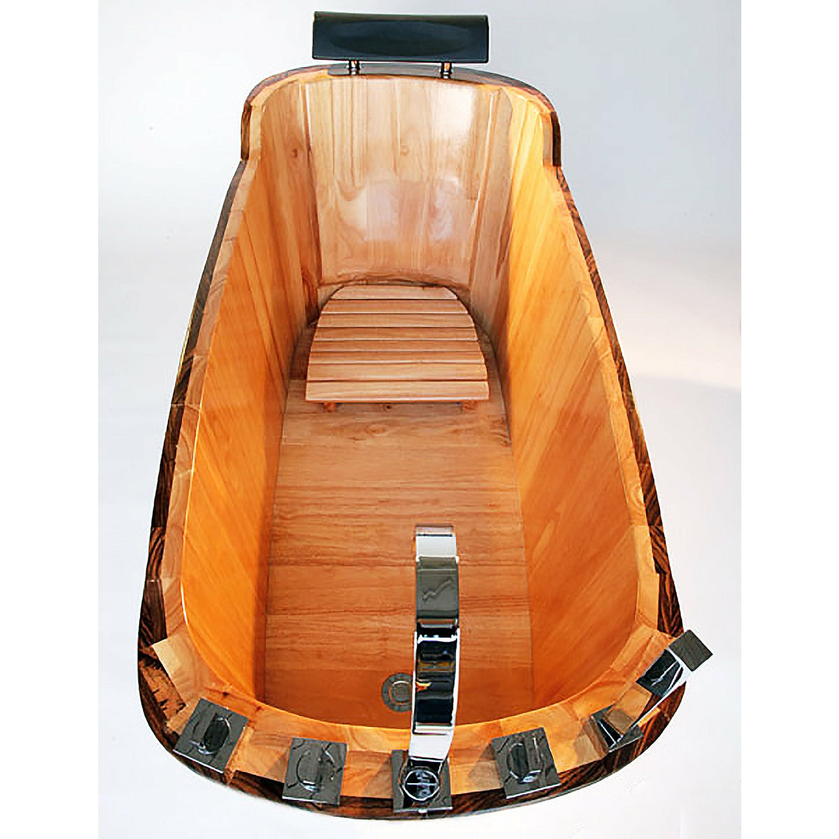 ALFI AB1148 59" Free Standing Wooden Bathtub - rubberwood, with zebra wood trim with chrome accents, three electroplated iron wraps with black and gold paint with Chrome Tub Filler, with padded headrest in a white background inside top view