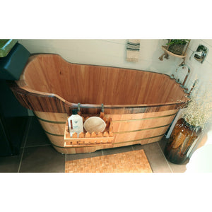 ALFI AB1148 59" Free Standing Wooden Bathtub - rubberwood, with zebra wood trim with chrome accents, three electroplated iron wraps with black and gold paint with Chrome Tub Filler, with padded headrest in the bathroom