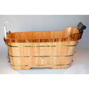 ALFI AB1148 59" Free Standing Wooden Bathtub - rubberwood, with zebra wood trim with chrome accents, three electroplated iron wraps with black and gold paint with Chrome Tub Filler, with padded headrest in a white background