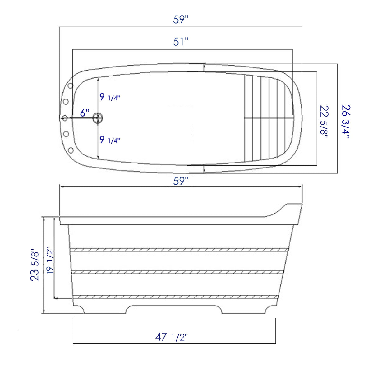 ALFI AB1148 59" Free Standing Wooden Bathtub dimension drawing