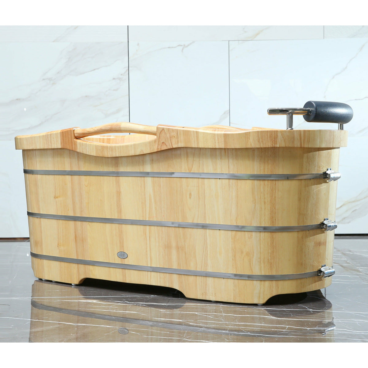 ALFI AB1163 61" Free Standing Wooden Bathtub - three stainless steel metal wraps, Padded headrest with chrome accents in the bathroom