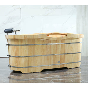 ALFI AB1163 61" Free Standing Wooden Bathtub - three stainless steel metal wraps, Padded headrest with chrome accents in the bathroom
