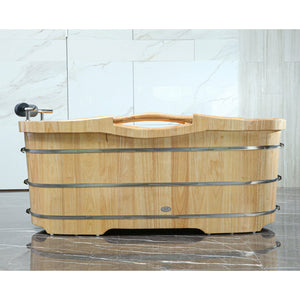 ALFI AB1163 61" Free Standing Wooden Bathtub - three stainless steel metal wraps, Padded headrest with chrome accents in the bathroom