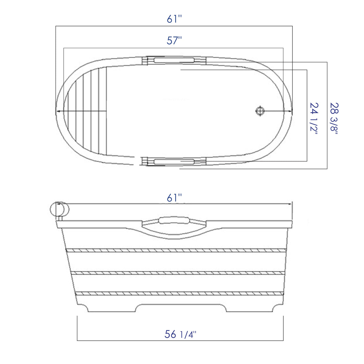 ALFI AB1163 61" Free Standing Wooden Bathtub dimension drawing