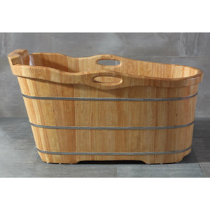 ALFI AB1187 57" Free Standing Rubber Wooden Soaking Bathtub - three electroplated iron wraps with Headrest in the bathroom