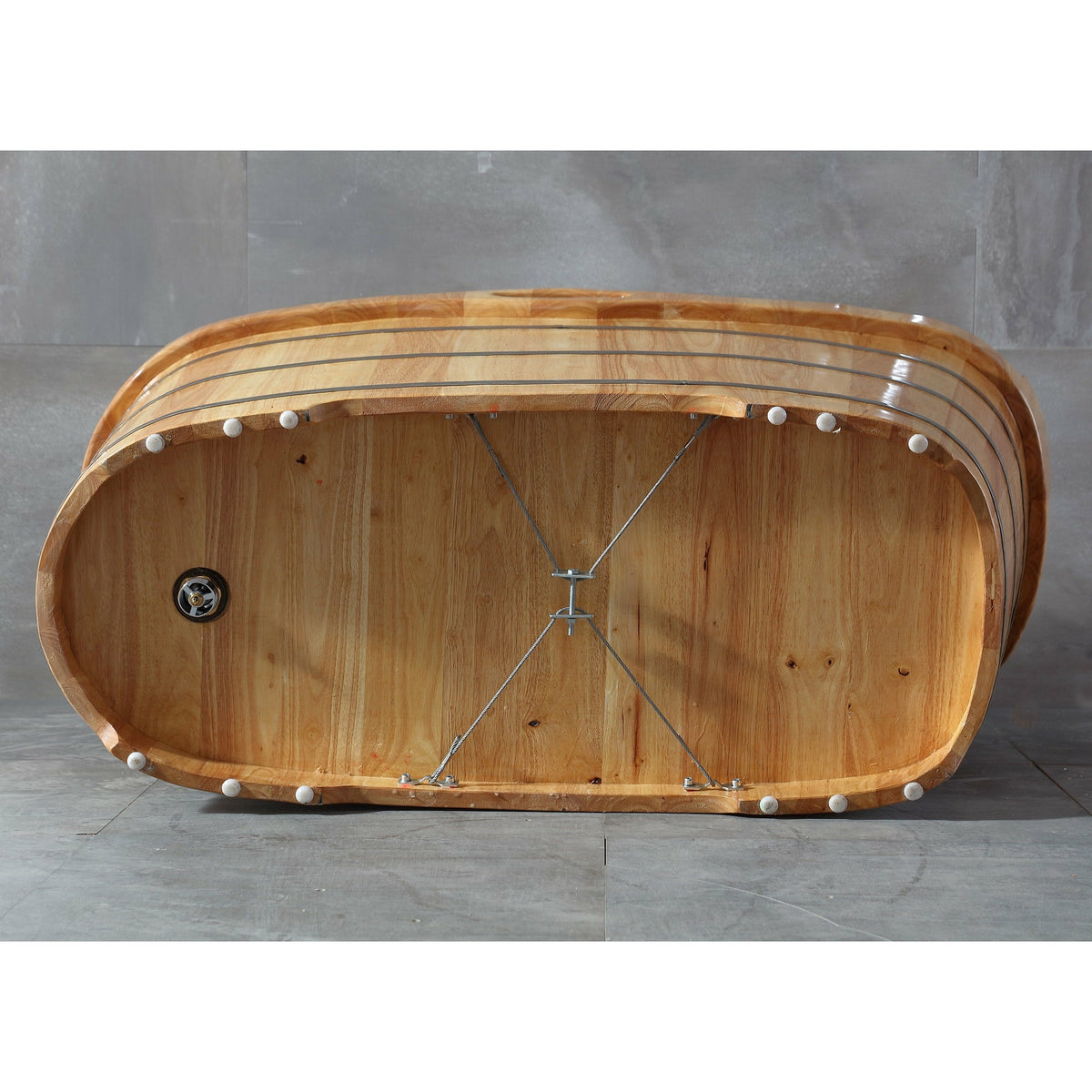 ALFI AB1187 57" Free Standing Rubber Wooden Soaking Bathtub with polished chrome pop-up drain back bottom view in the bathroom