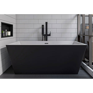 ALFI Single Lever Floor Mounted Tub Filler Mixer with Hand Held Shower Head, flat tub spout black matte finish in a bathroom with bathtub, front view
