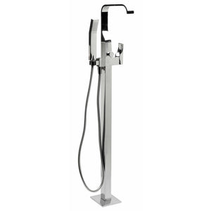 ALFI Single Lever Floor Mounted Tub Filler Mixer with Hand Held Shower Head, flat tub spout polished chrome finish in a white background.