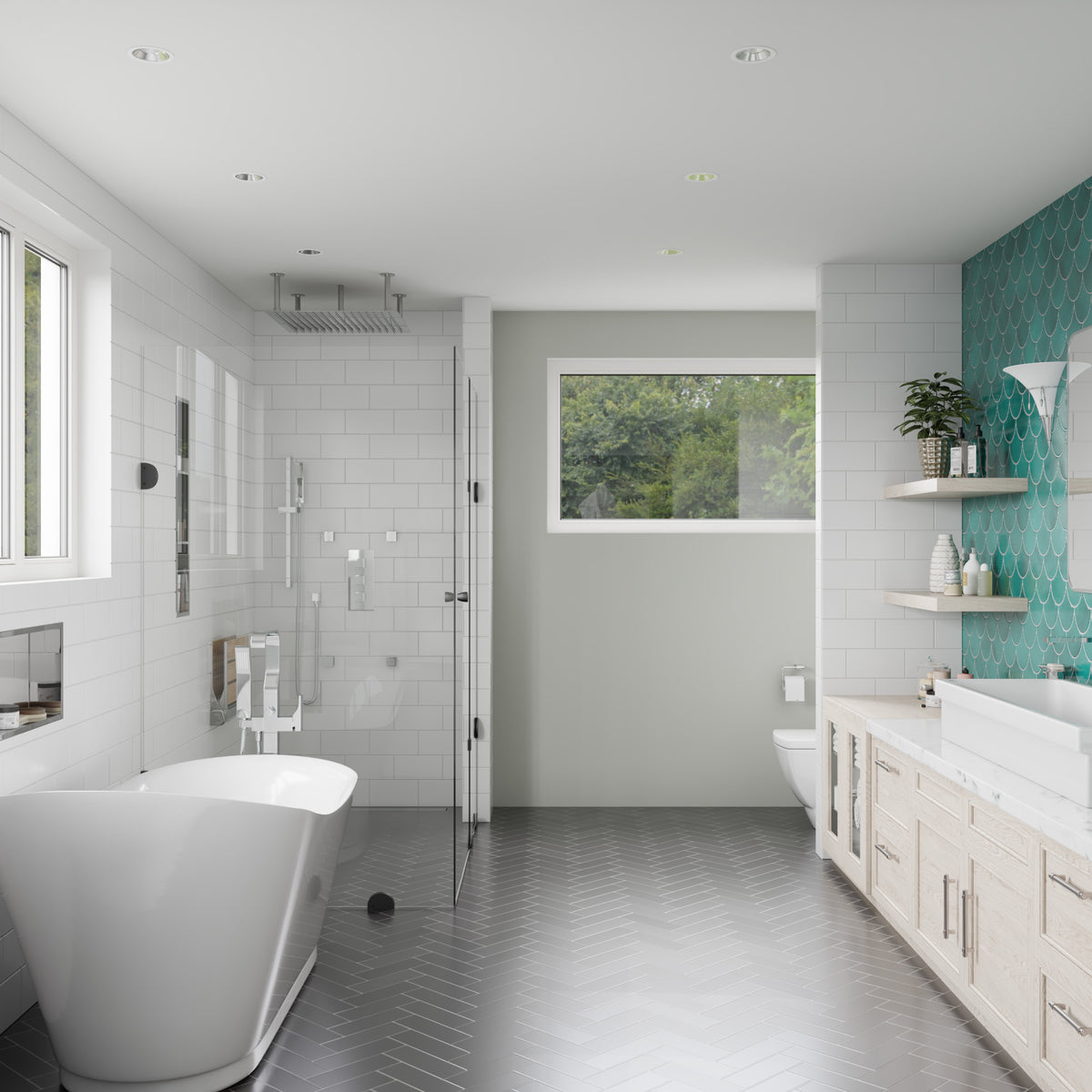 ALFI Single Lever Floor Mounted Tub Filler Mixer with Hand Held Shower Head, flat tub spout polished chrome finish in a bathroom with bathtub