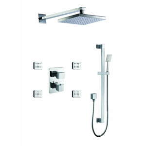 ALFI AB2287-PC Polished Chrome 3 Way Thermostatic Shower Set with Body Sprays - Water Diverter, Temperature Control, On/Off Control, Rain Showerhead, Handheld Showerhead, 4 body sprays modern squared edges in a white background