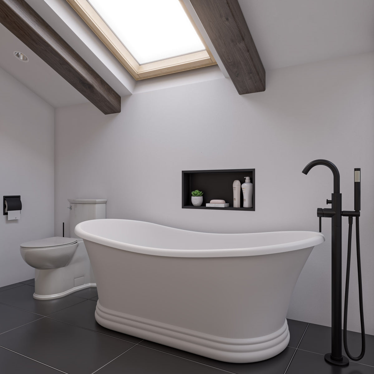 ALFI AB2534 Single Lever Floor Mounted Tub Filler Mixer with Hand Held Shower Head Solid brass construction coated with a Matte Black finish in the bathroom beside the bathtub