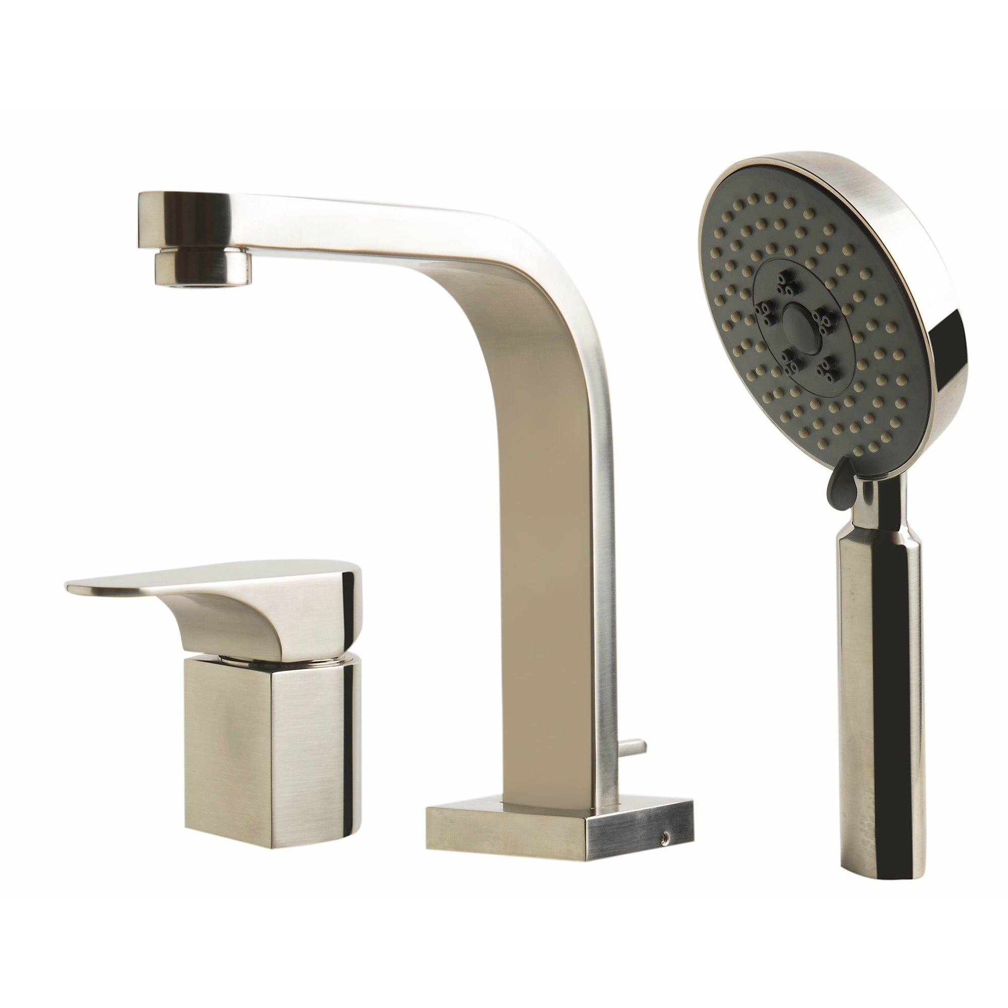 ALFI AB2703 Deck Mounted Tub Filler and Round Hand Held Shower Head solid brass construction brushed nickel in a white background