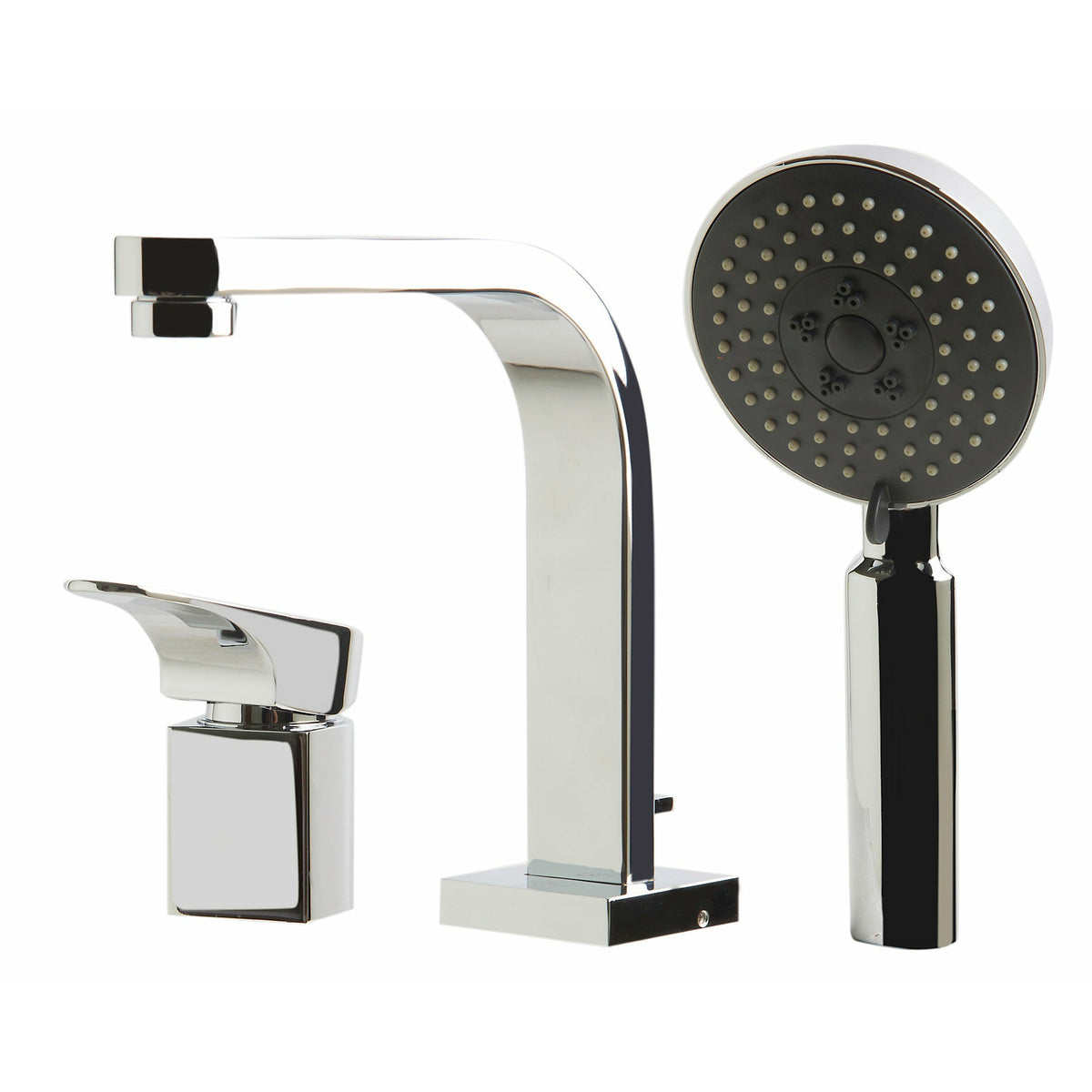 ALFI AB2703 Deck Mounted Tub Filler and Round Hand Held Shower Head solid brass construction polished chrome in a white background