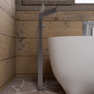 ALFI AB2728 Floor Mounted Tub Filler + Mixer with additional Hand Held Shower Head brushed nickel beside the bathtub in the bathroom