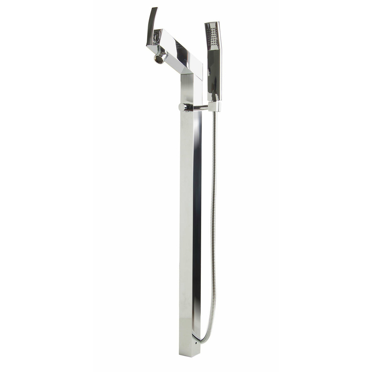 ALFI AB2728 Floor Mounted Tub Filler + Mixer with additional Hand Held Shower Head polished chrome in a white background front view