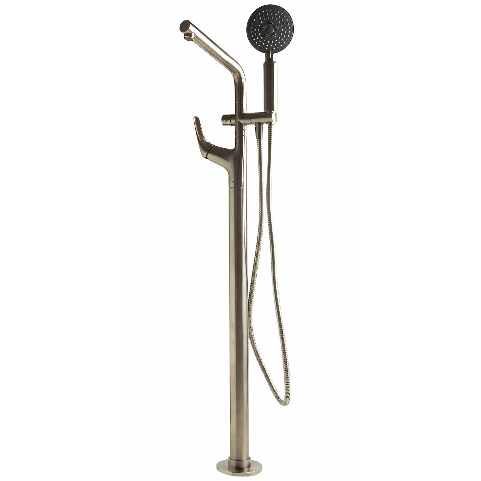 ALFI AB2758 Floor Mounted Tub Filler + Mixer /w additional Hand Held Shower Head brushed nickel in a white background