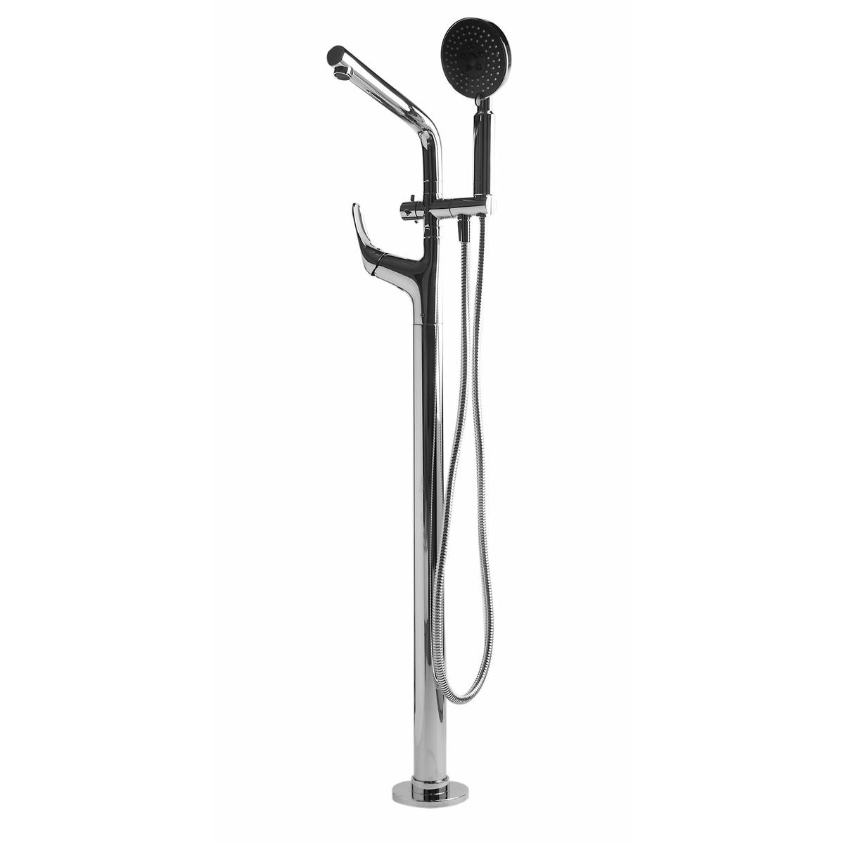ALFI AB2758 Floor Mounted Tub Filler + Mixer /w additional Hand Held Shower Head polished chrome in a white background