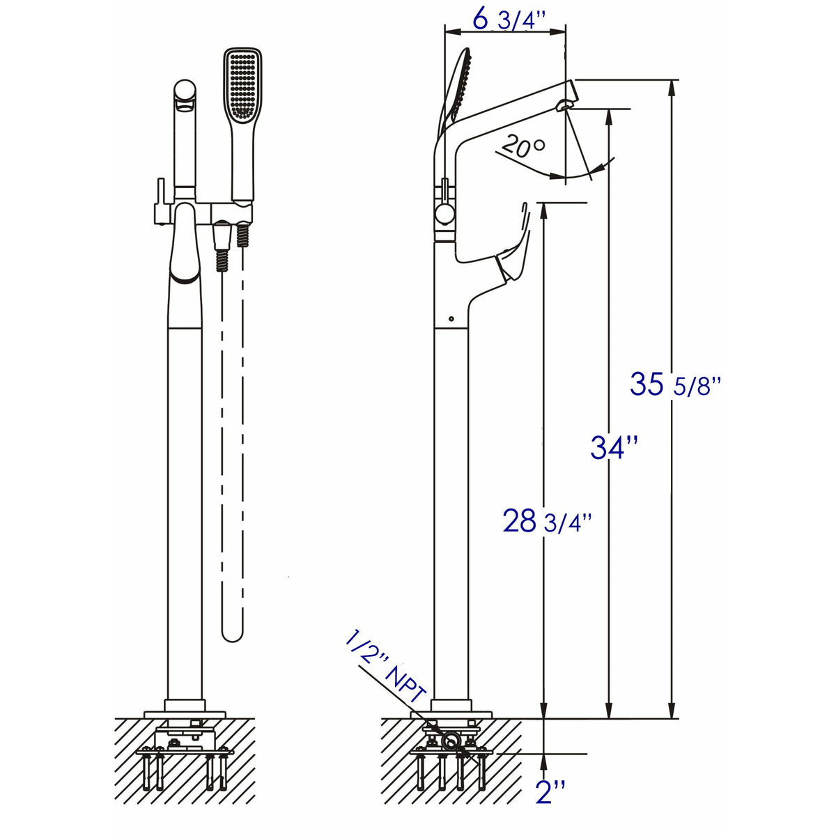 ALFI AB2758 Floor Mounted Tub Filler + Mixer /w additional Hand Held Shower Head dimension drawing