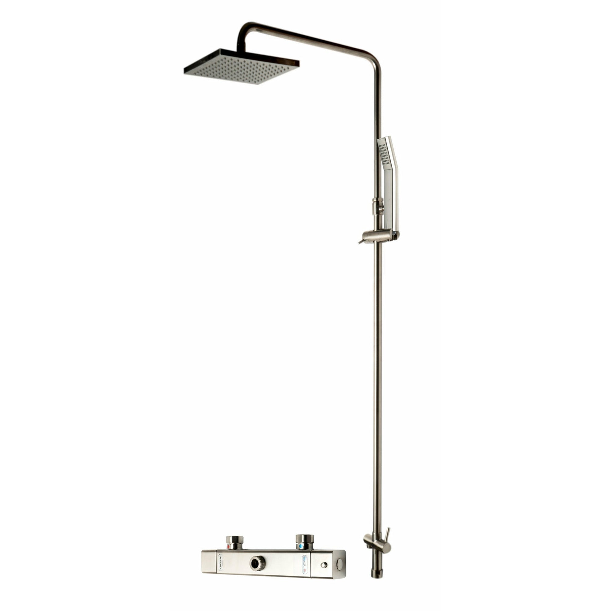 ALFI AB2862-BN Brushed Nickel Square Style Thermostatic Exposed Shower Set with Water Diverter, Temperature Control, On/Off Control, Rain Showerhead, Handheld Showerhead in a white background.