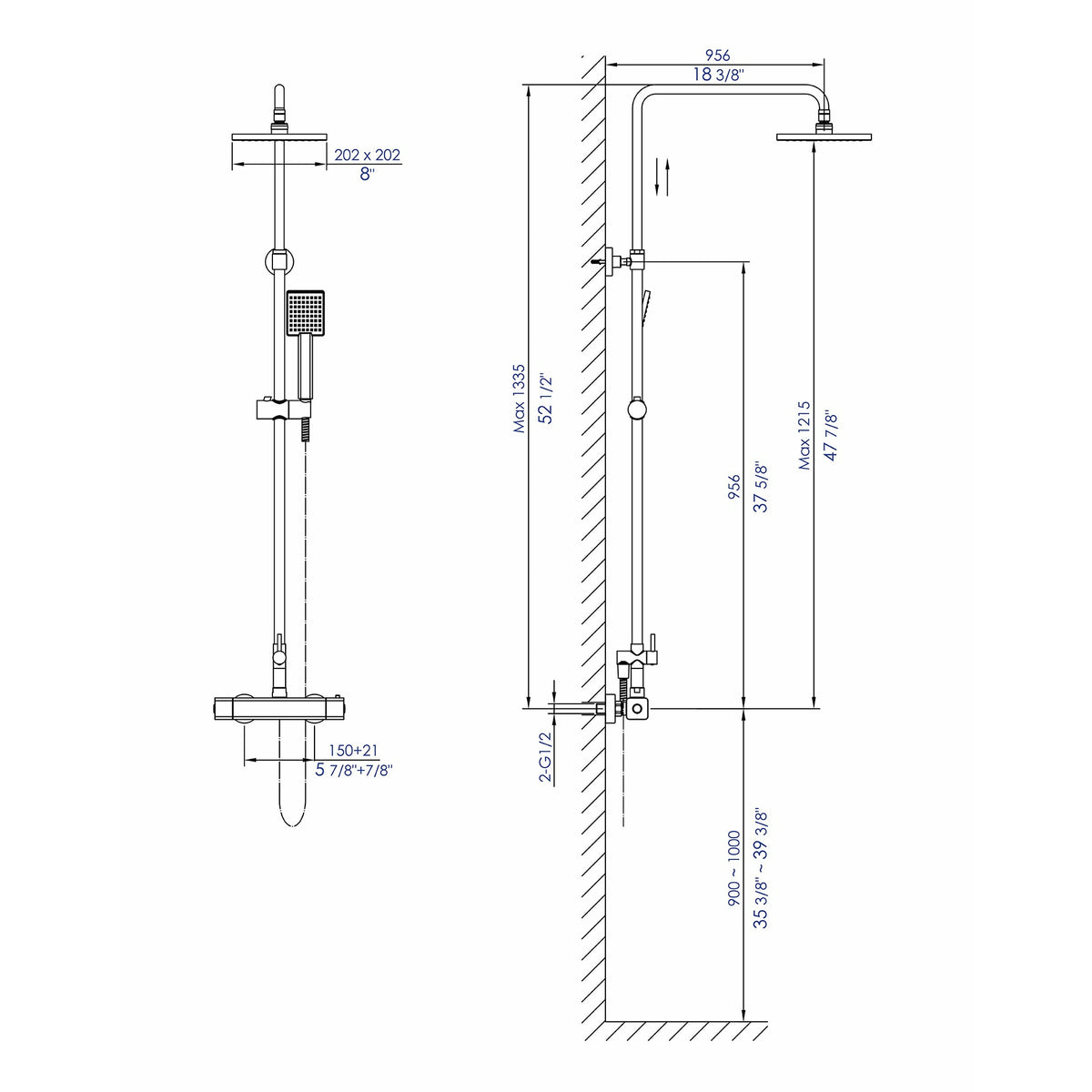 ALFI AB2862-BN Brushed Nickel Square Style Thermostatic Exposed Shower Set dimension drawing