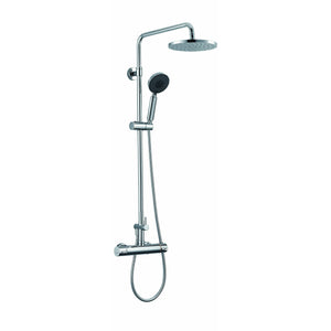 ALFI AB2867-PC Polished Chrome Round Style Thermostatic Exposed Shower Set with Water Diverter, Temperature Control, On/Off Control, Rain Showerhead, Handheld Showerhead polished chrome in a white background.