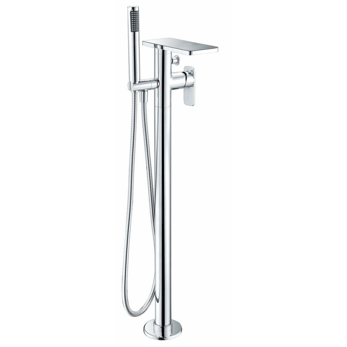 ALFI AB2875 Free Standing Floor Mounted Bath Tub Filler with flat rectangular spout, single lever handle, waterfall water flow, hand-held showerhead polished chrome in a white background