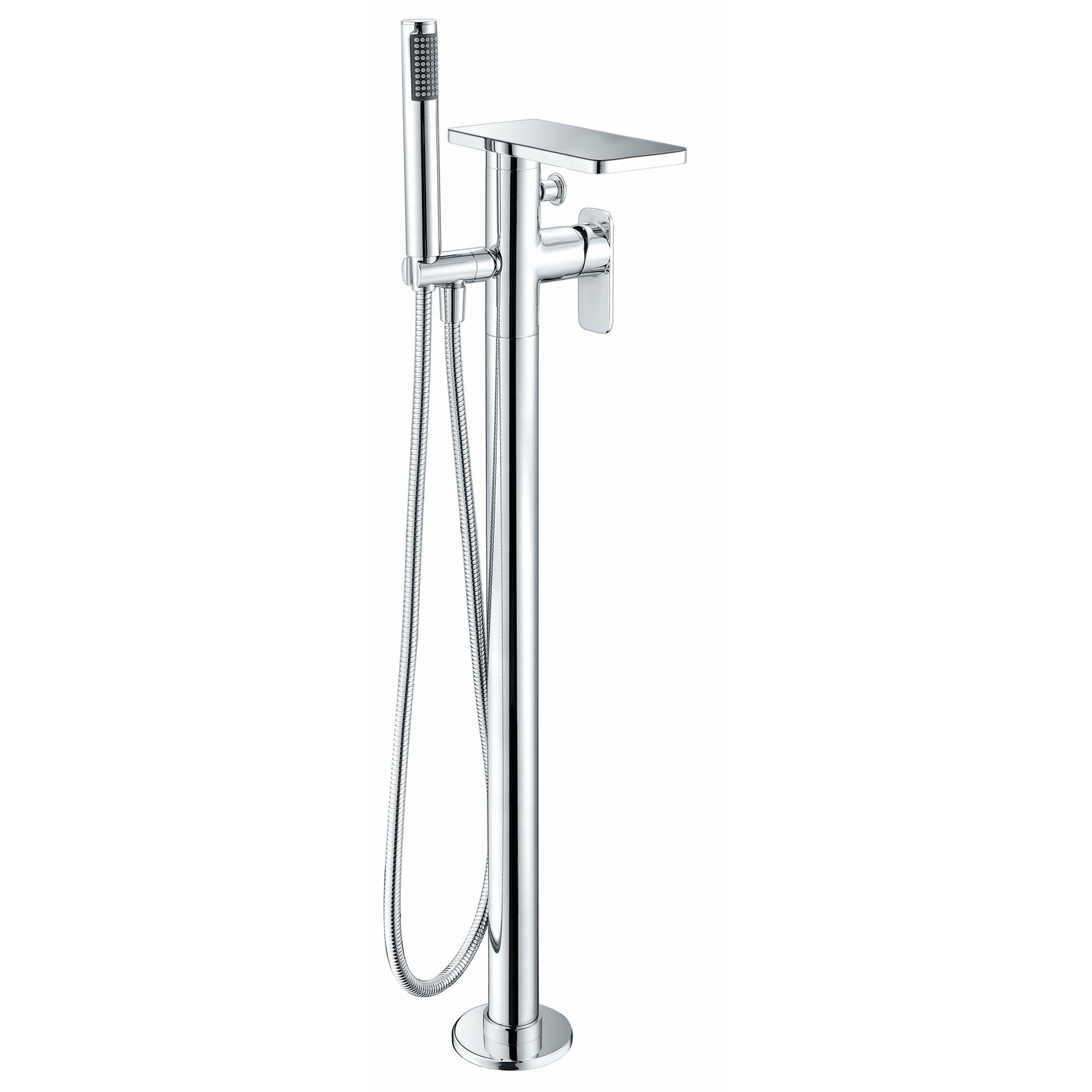 ALFI AB2875 Free Standing Floor Mounted Bath Tub Filler with flat rectangular spout, single lever handle, waterfall water flow, hand-held showerhead brushed nickel in a white background