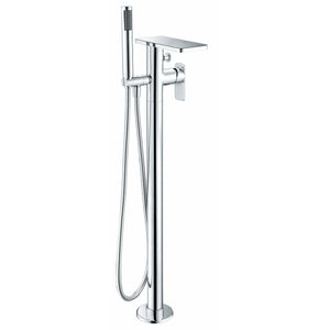 ALFI AB2875 Free Standing Floor Mounted Bath Tub Filler with flat rectangular spout, single lever handle, waterfall water flow, hand-held showerhead polished chrome in a white background