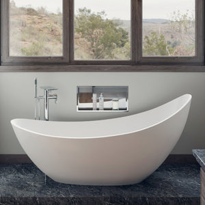 ALFI AB2875 Free Standing Floor Mounted Bath Tub Filler with flat rectangular spout, single lever handle, waterfall water flow, hand-held showerhead, shelf spout polished chrome and bathtub in a bathroom