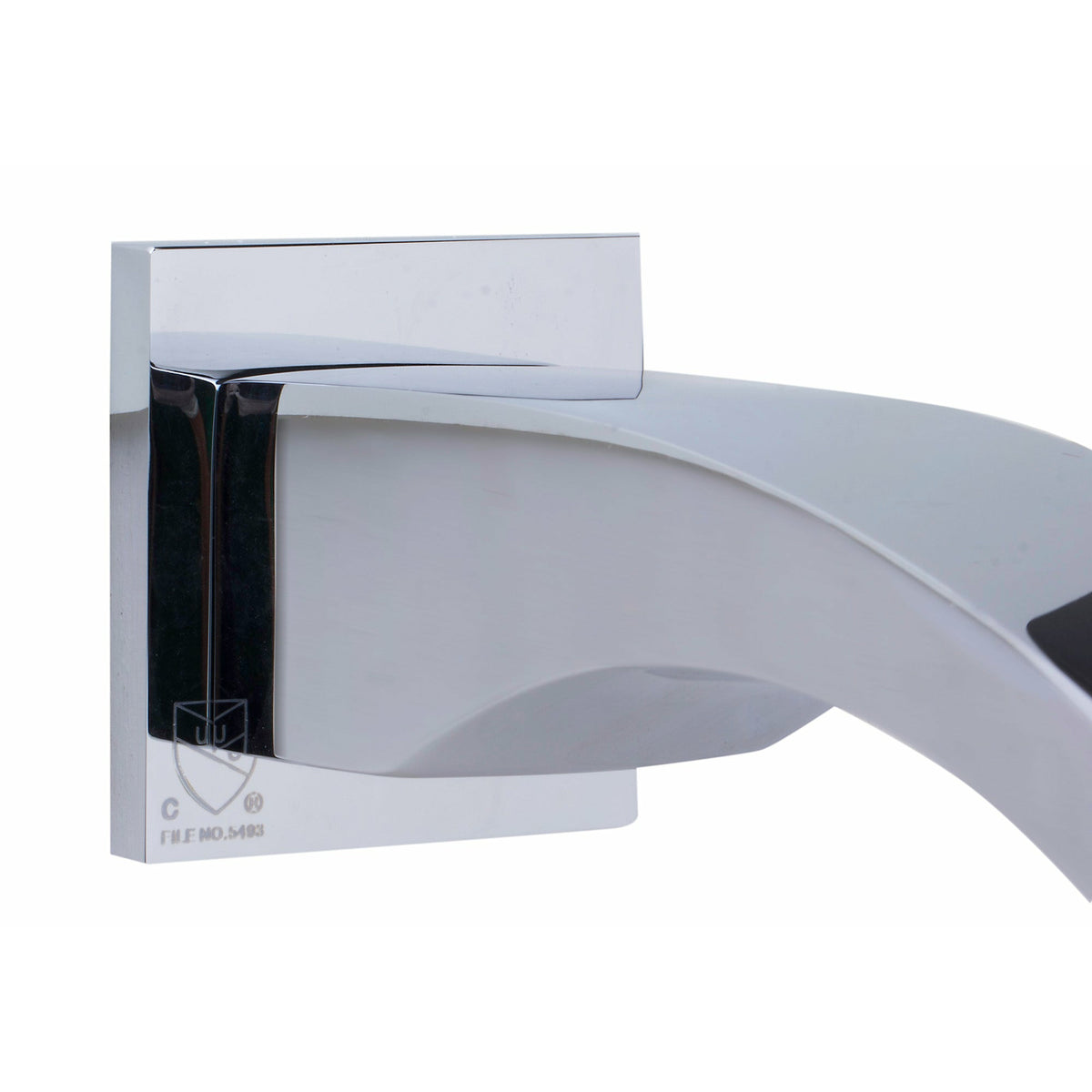 ALFI AB3301 Curved Wall mounted Tub Filler Bathroom Spout polished chrome and decorative plate cover in a white background