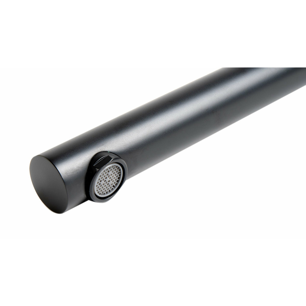 ALFI AB6601 Round Foldable Tub Spout black matte finish with filter in a spout in a white background