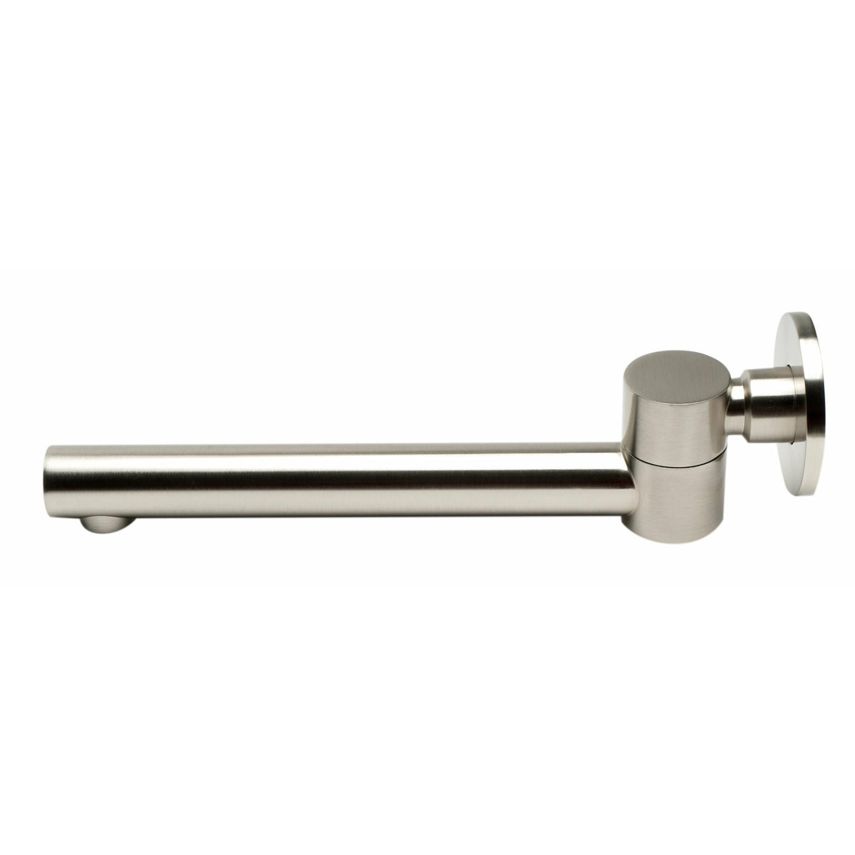 ALFI AB6601 Round Foldable Tub Spout brushed nickel with decorative round plate cover in a white background, side view