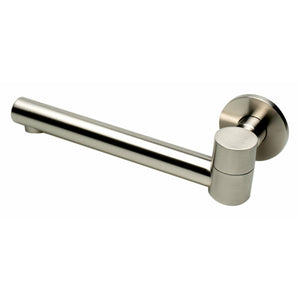 ALFI AB6601 Round Foldable Tub Spout brushed nickel with decorative round plate cover in a white background, side view fold