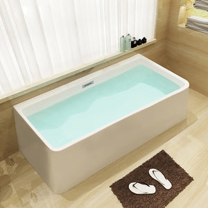 ALFI AB8859 67 inch White Rectangular Acrylic Free Standing Soaking Bathtub with polished chrome overflow in a bathroom with water, 1 person capacity