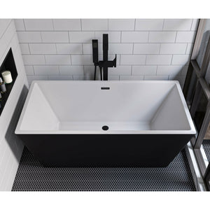 ALFI AB8834 59 inch Black & White Rectangular Acrylic Free Standing Soaking Bathtub with polished chrome overflow, drain and faucet, 1 person capacity, top view in a bathroom