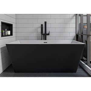 ALFI AB8834 59 inch Black & White Rectangular Acrylic Free Standing Soaking Bathtub with polished chrome overflow, hand shower and faucet, 1 person capacity, front view in a bathroom