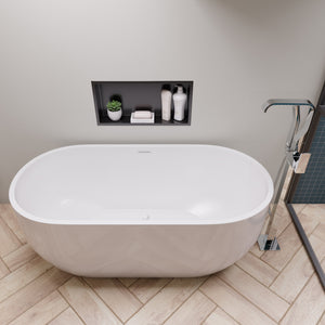 ALFI AB8838 59 inch White Oval Acrylic Free Standing Soaking Bathtub with polished chrome, drain and faucet in a bathroom, 1 person capacity, top view