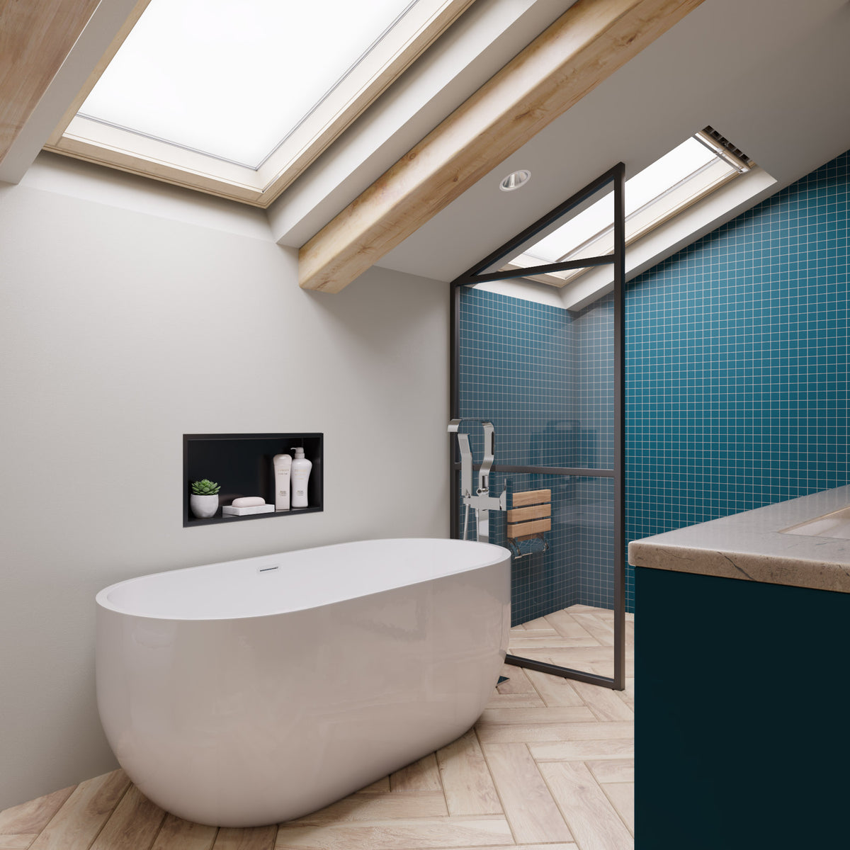 ALFI AB8838 59 inch White Oval Acrylic Free Standing Soaking Bathtub with polished chrome, drain and faucet in a bathroom, 1 person capacity, side view