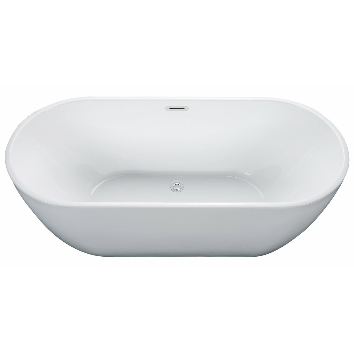 ALFI AB8839 67 inch White Oval Acrylic Free Standing Soaking Bathtub drain and polished chrome overflow in a white background, 1 person capacity