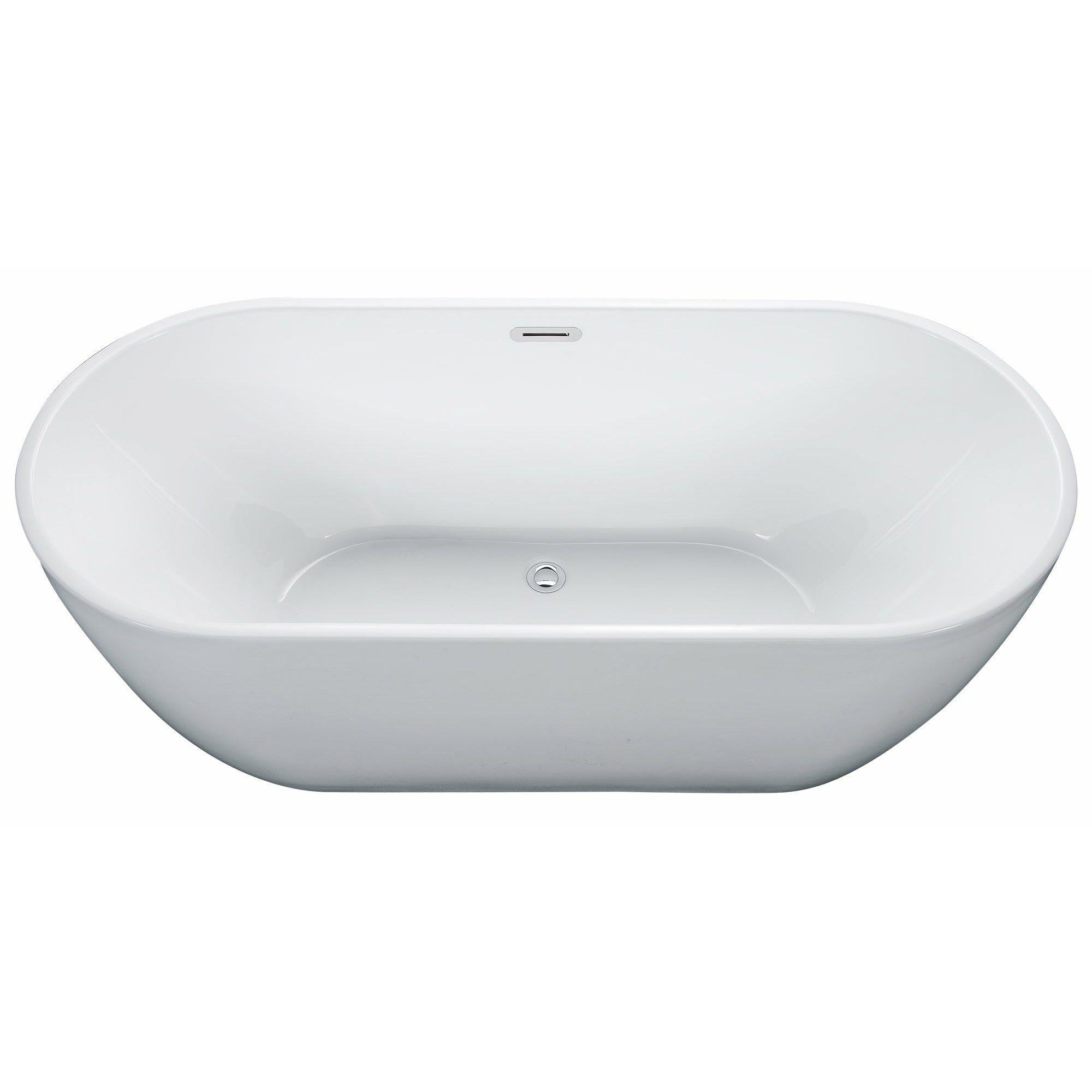 ALFI AB8839 67 inch White Oval Acrylic Free Standing Soaking Bathtub drain and polished chrome overflow in a white background, 1 person capacity, top view