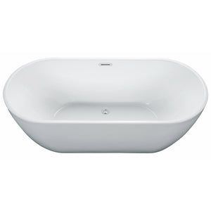 ALFI AB8839 67 inch White Oval Acrylic Free Standing Soaking Bathtub drain and polished chrome overflow in a white background, 1 person capacity