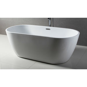 ALFI AB8839 67 inch White Oval Acrylic Free Standing Soaking Bathtub drain in a bathroom, 1 person capacity, front view