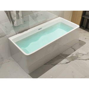 ALFI AB8858 59 inch White Rectangular Acrylic Free Standing Soaking Bathtub with drain and polished chrome overflow in a white background, 1 person capacity in a bathroom