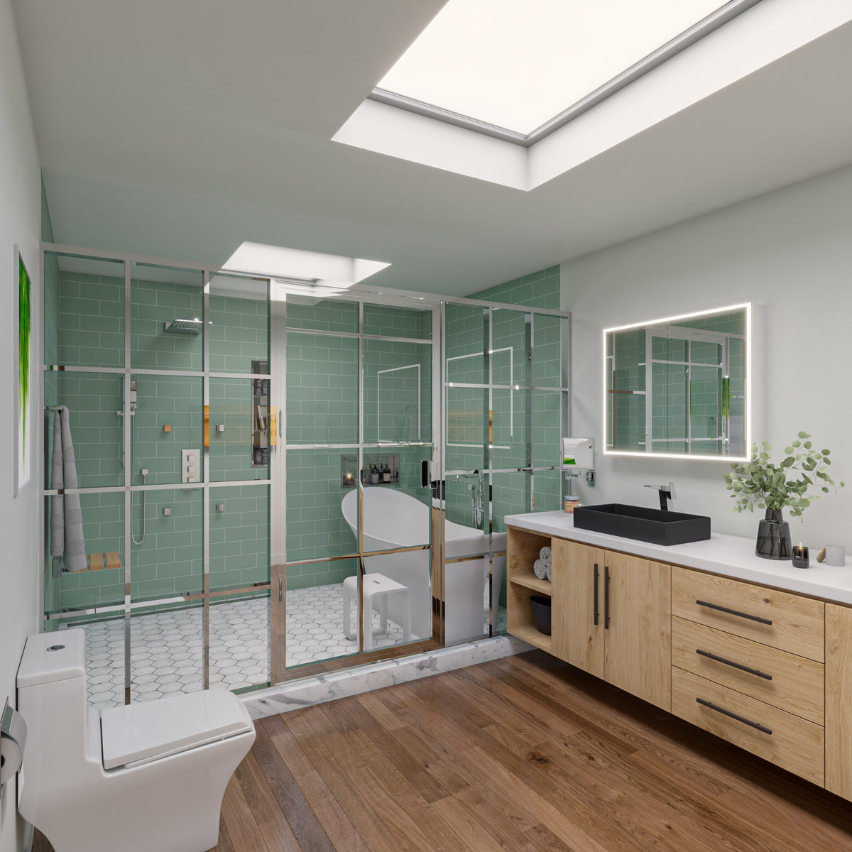 ALFI AB9915 74" White Solid Surface Smooth Resin Soaking Slipper Bathtub installed in a bathroom, 1 person capacity