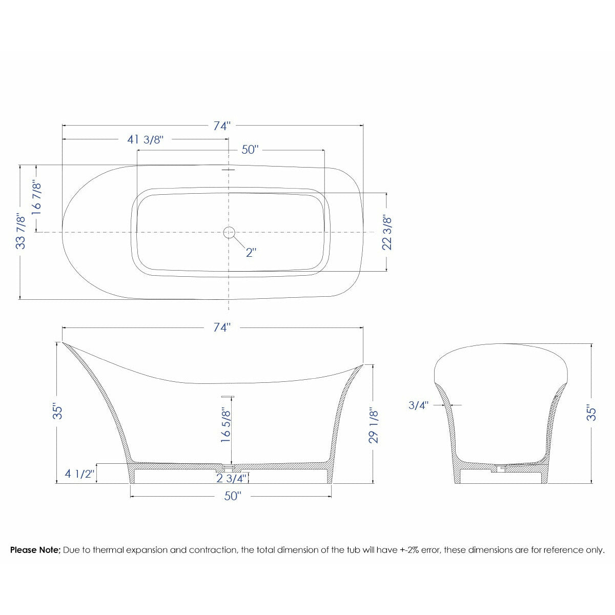 ALFI AB9915 74" White Solid Surface Smooth Resin Soaking Slipper Bathtub dimension drawing