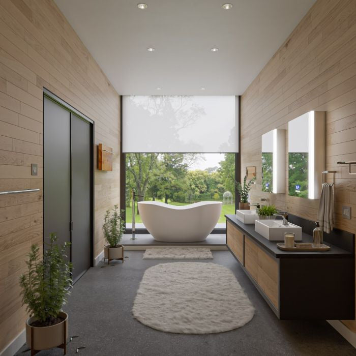 ALFI AB9949 66" White Solid Surface Smooth Resin with a matte finish with matte matching pop-up drain Soaking Bathtub in the bathroom