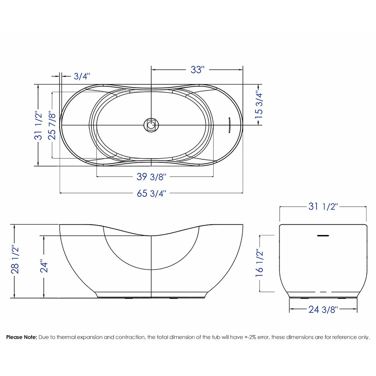 ALFI AB9949 66" White Solid Surface Smooth Resin Soaking Bathtub dimension drawing