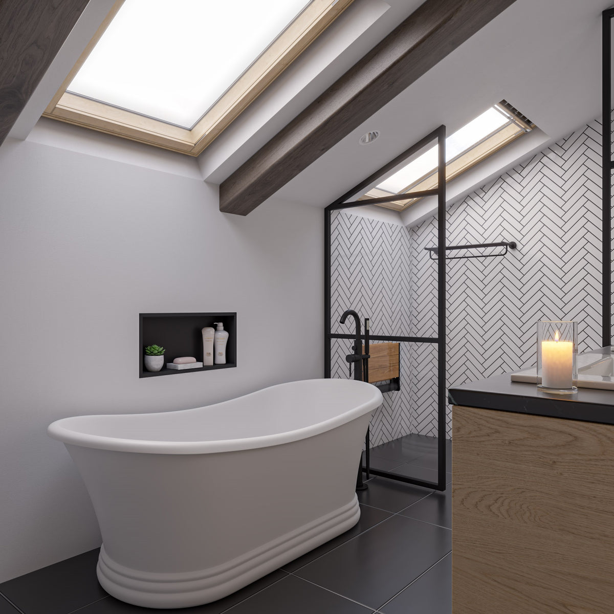 ALFI AB9950 67" White Matte Pedestal Solid Surface Resin Bathtub in the bathroom