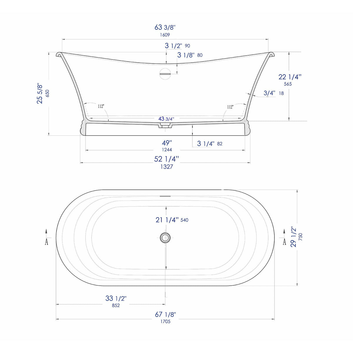 ALFI AB9950 67" White Matte Pedestal Solid Surface Resin Bathtub dimension drawing