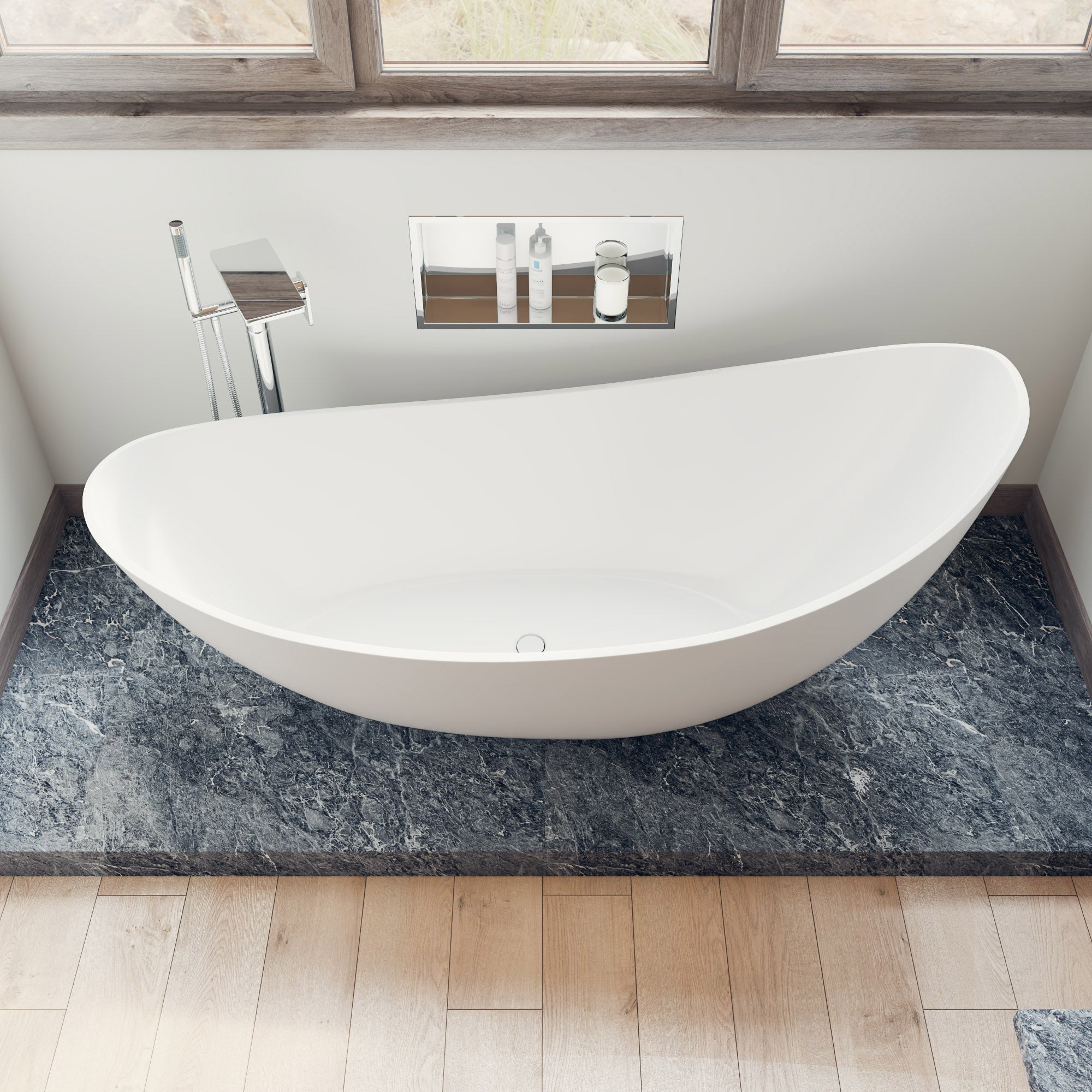 ALFI AB9951 73" White Solid Surface Smooth Resin Soaking Slipper Bathtub  with a matte finish in a white background
